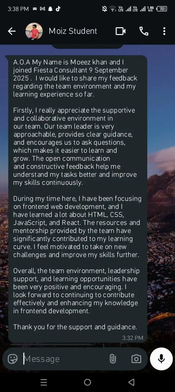 Moiz student feedback